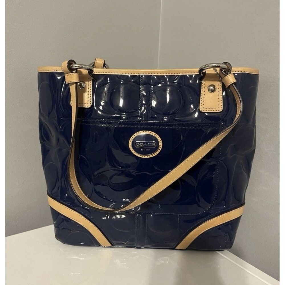 Coach Women’s Peyton Shoulder Purse Navy-Blue/Tan Leather J1261-F22322 - Picture 2 of 12